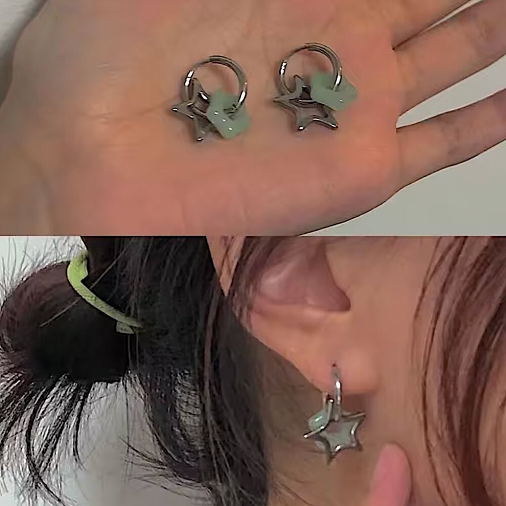Jade Green Flower Star Loops Y2K Earrings